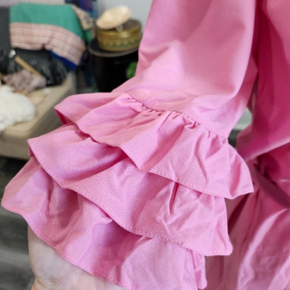 Vintage 1970's Rose Pink Shift Dress with Ruffle Cuffs & Hem - Picture 4 of 13